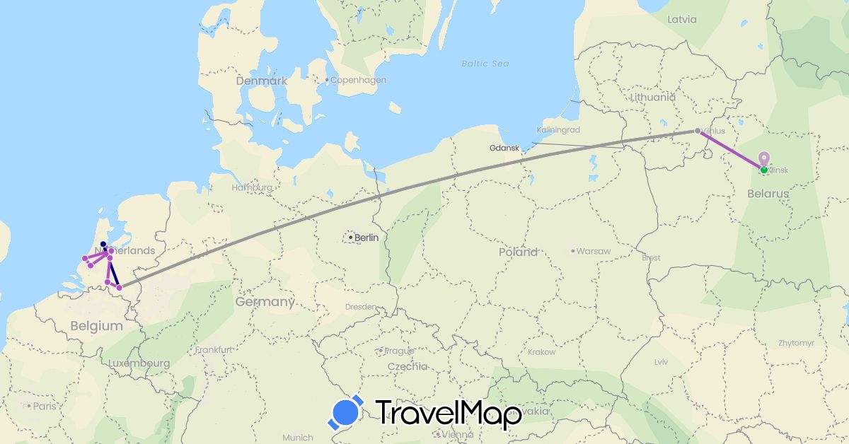 TravelMap itinerary: driving, bus, plane, cycling, train in Belarus, Lithuania, Netherlands (Europe)